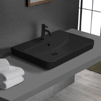 Bathroom Sink Drop In Bathroom Sink, Matte Black Ceramic, Rectangular CeraStyle 079607-U/D